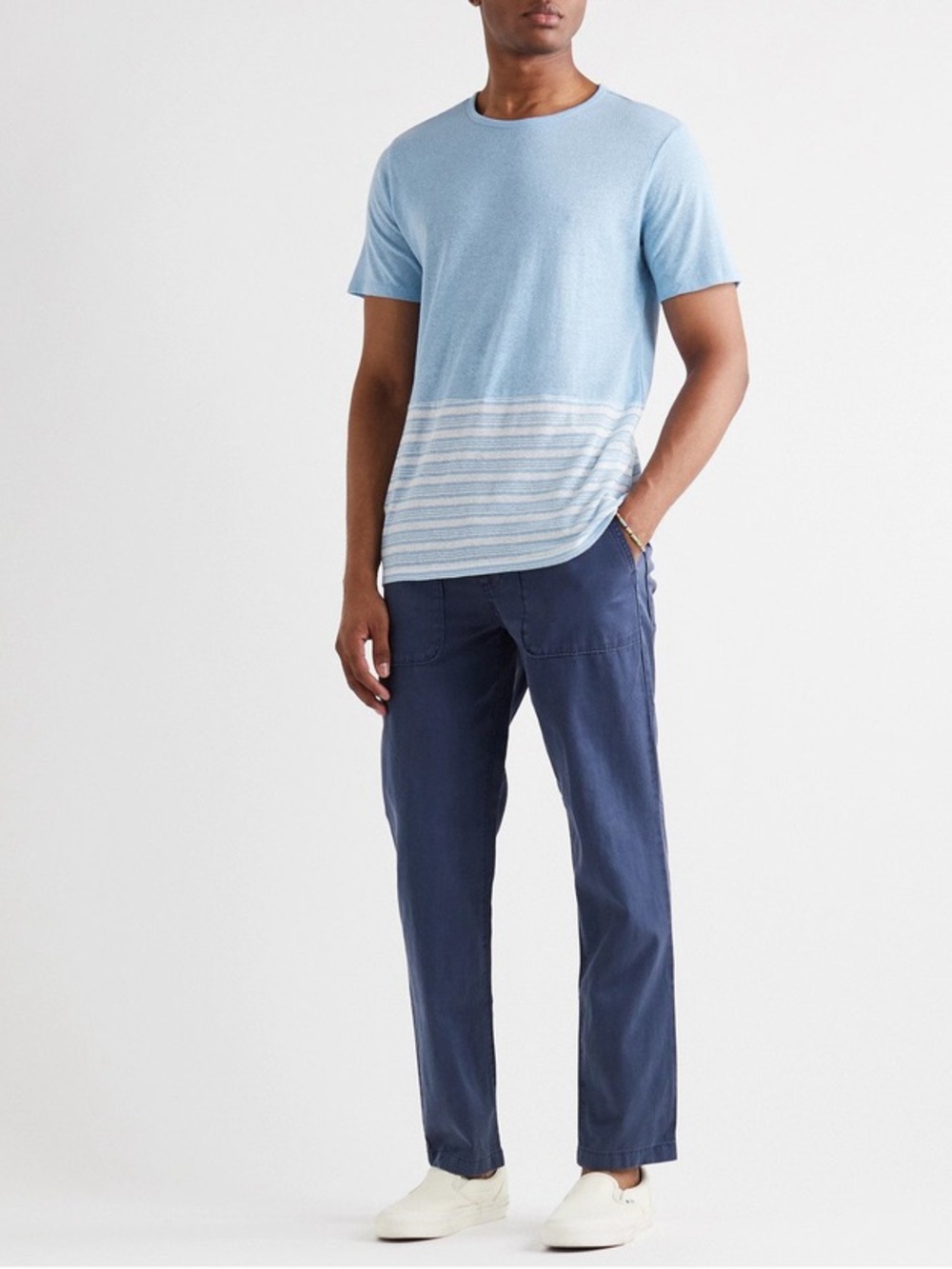 Onia Chad Block Striped Linen-Blend T-Shirt Tee XXL Blue White Lightweight
